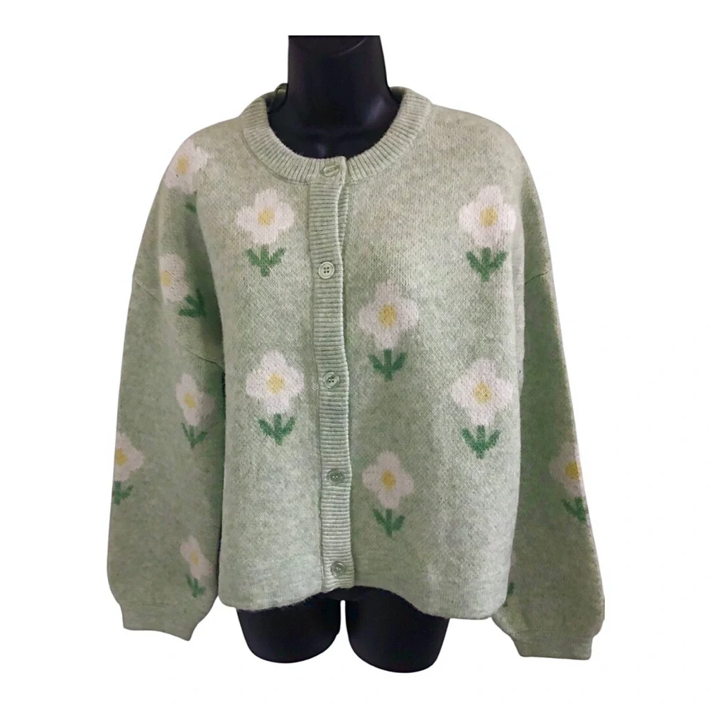 Jessica Simpson‎ mint green white yellow flower chunky cardigan size medium new
